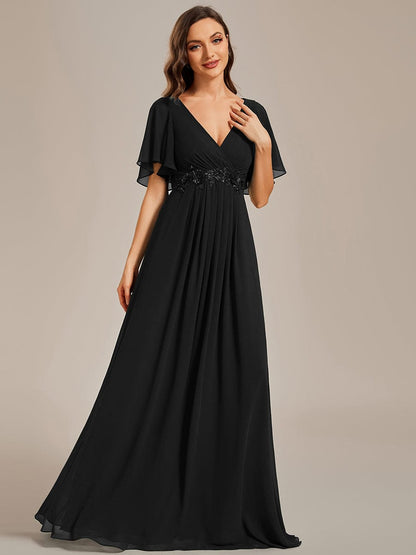 Weitese Ruffles Sleeve A-Line Chiffon Waist Applique Maxi Evening Dress