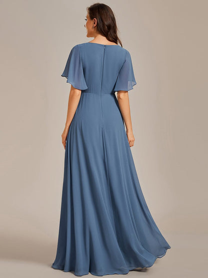 Weitese Ruffles Sleeve A-Line Chiffon Waist Applique Maxi Evening Dress