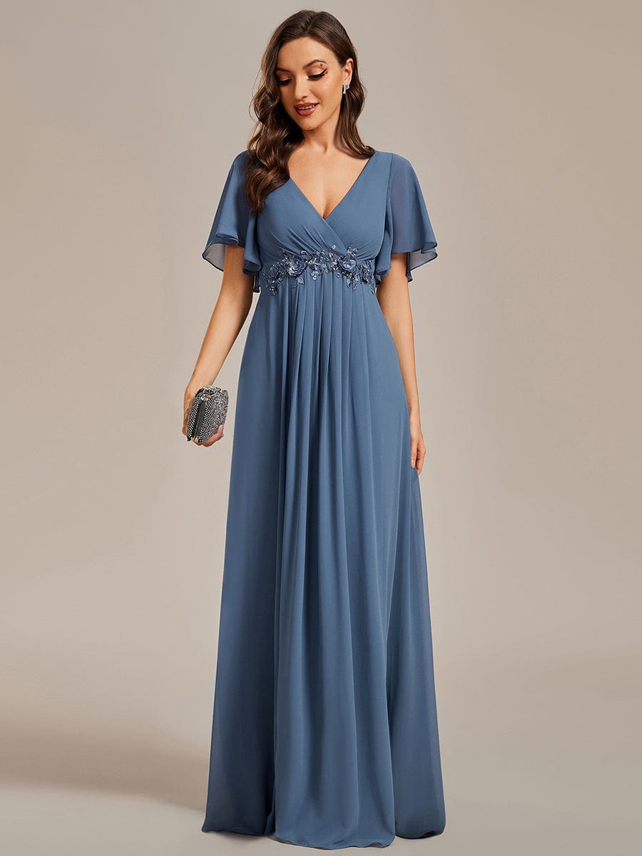 Weitese Ruffles Sleeve A-Line Chiffon Waist Applique Maxi Evening Dress