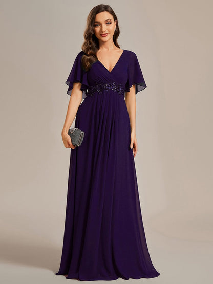 Weitese Ruffles Sleeve A-Line Chiffon Waist Applique Maxi Evening Dress