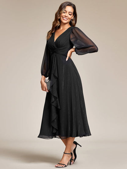 Weitese See-Through Long Sleeve Twist Knot A-Line Lotus Leaf Shimmering Evening Dress