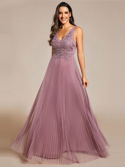 Weitese Exquisite Applique Embroidery Bodice Sleeveless A-Line Tulle Evening Dress