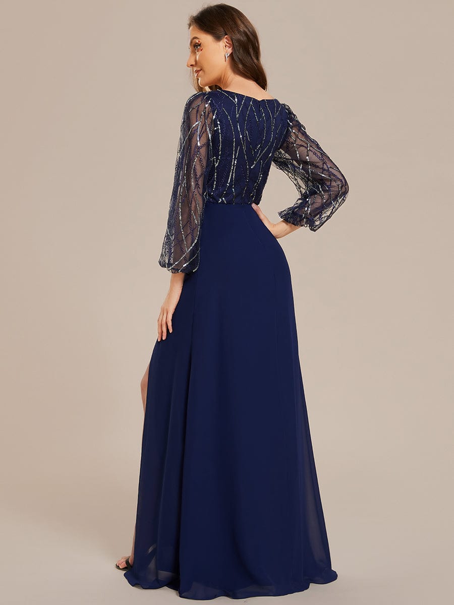 Weitese Sequin See-through Long Sleeves High Slit Chiffon A-Line Evening Dress