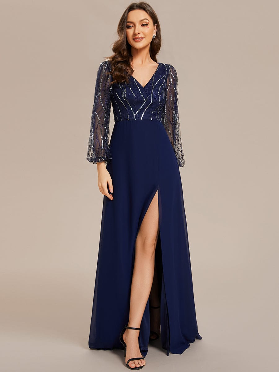 Weitese Sequin See-through Long Sleeves High Slit Chiffon A-Line Evening Dress