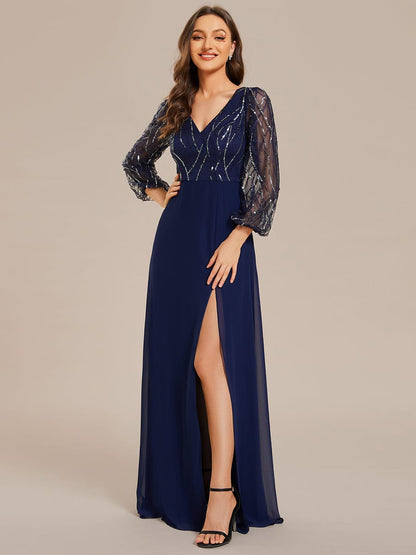 Weitese Sequin See-through Long Sleeves High Slit Chiffon A-Line Evening Dress