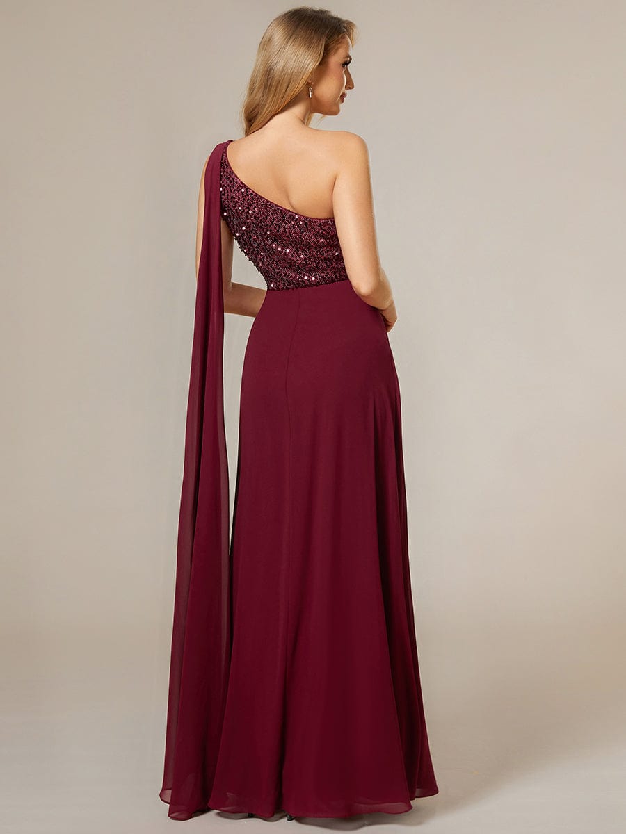 Weitese Sleeveless Chiffon A-Line Shinny Sequin Bodice One Shoulder Evening Dress