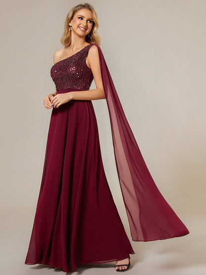 Weitese Sleeveless Chiffon A-Line Shinny Sequin Bodice One Shoulder Evening Dress