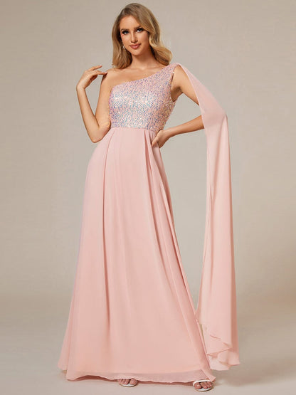 Weitese Sleeveless Chiffon A-Line Shinny Sequin Bodice One Shoulder Evening Dress