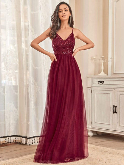 Weitese Soft Spaghetti Straps V-Neck Embroidery Evening Dress