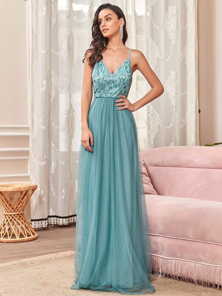 Weitese Soft Spaghetti Straps V-Neck Embroidery Evening Dress