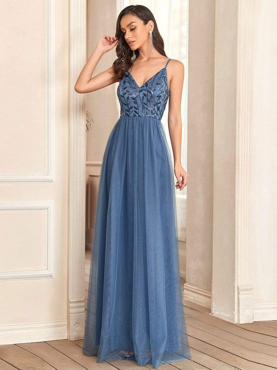 Weitese Soft Spaghetti Straps V-Neck Embroidery Evening Dress