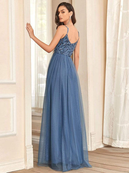 Weitese Soft Spaghetti Straps V-Neck Embroidery Evening Dress