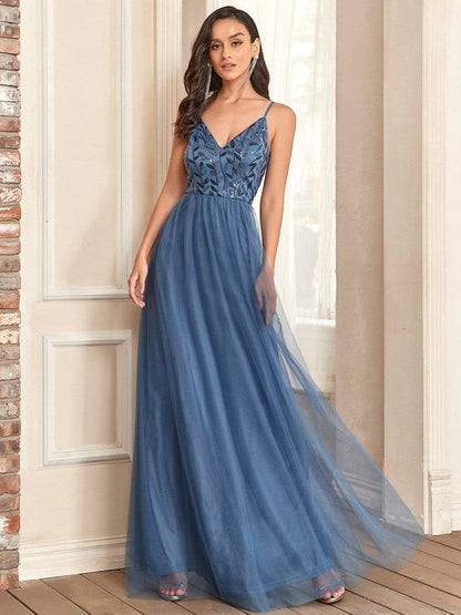 Weitese Soft Spaghetti Straps V-Neck Embroidery Evening Dress