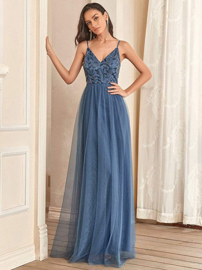 Weitese Soft Spaghetti Straps V-Neck Embroidery Evening Dress