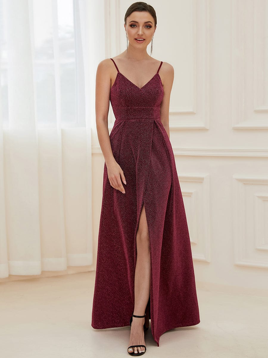 Weitese Spaghetti Strap Front Slit Shiny Evening Dress