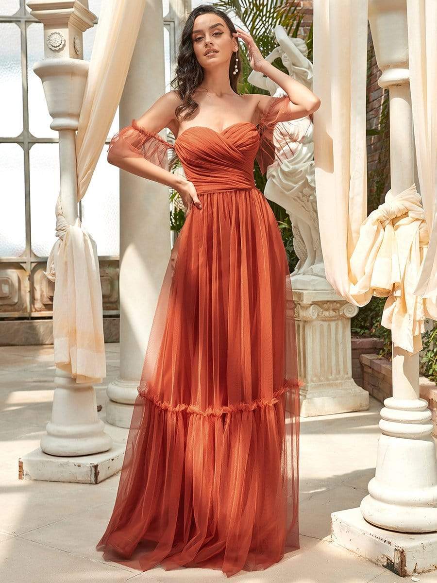 Weitese Off-Shoulder Sweetheart Double Layer Pleated Evening Dress