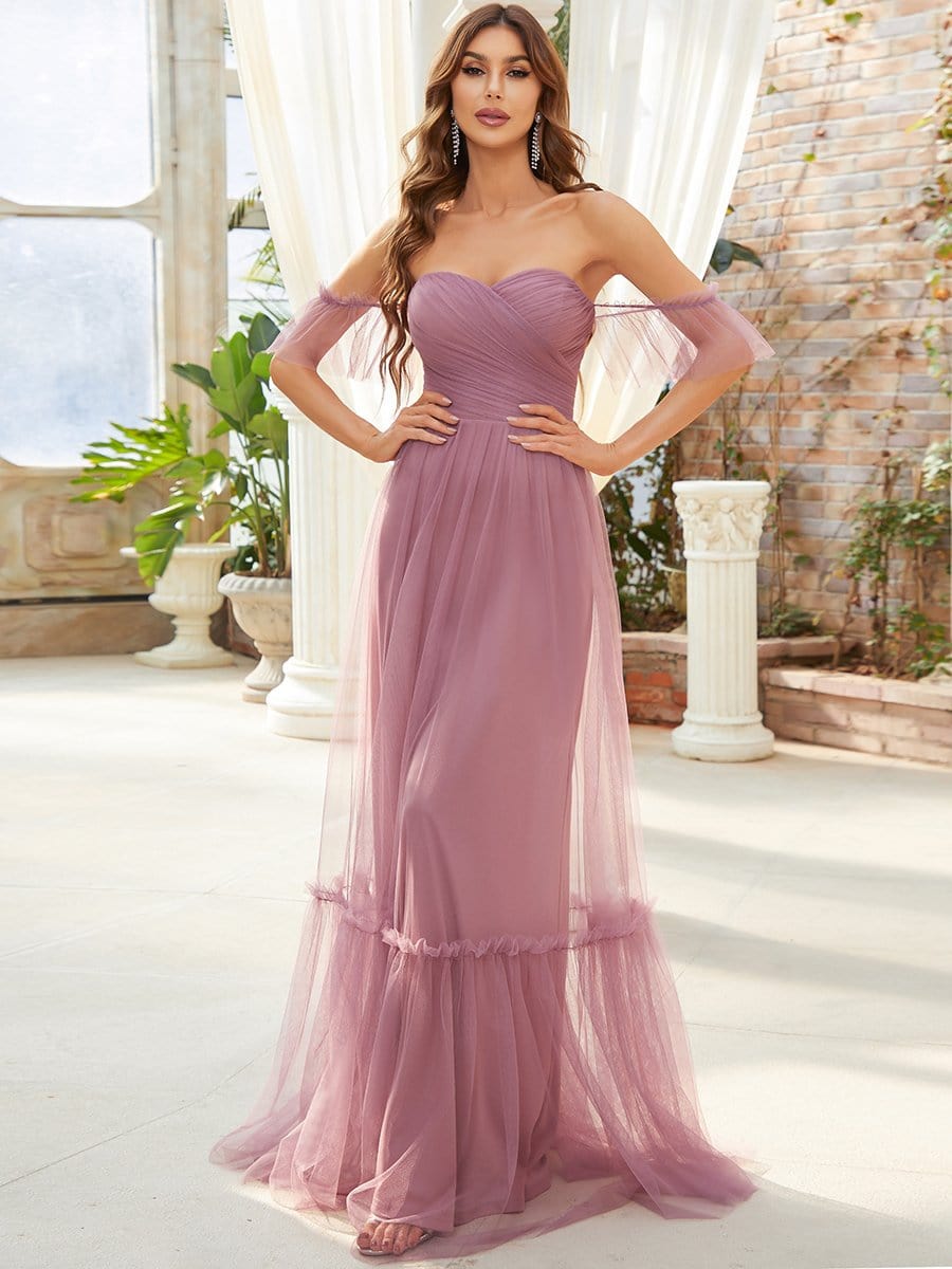 Weitese Off-Shoulder Sweetheart Double Layer Pleated Evening Dress