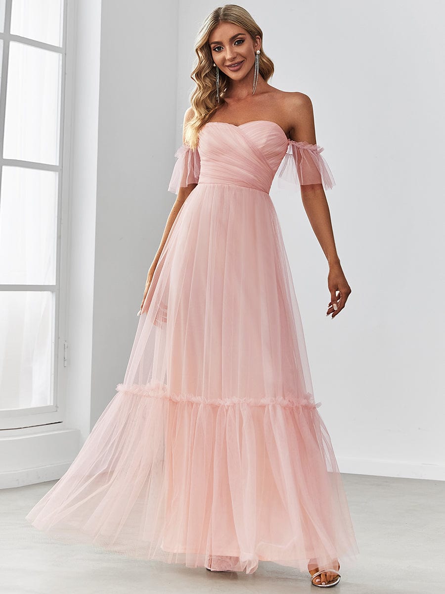 Weitese Off-Shoulder Sweetheart Double Layer Pleated Evening Dress