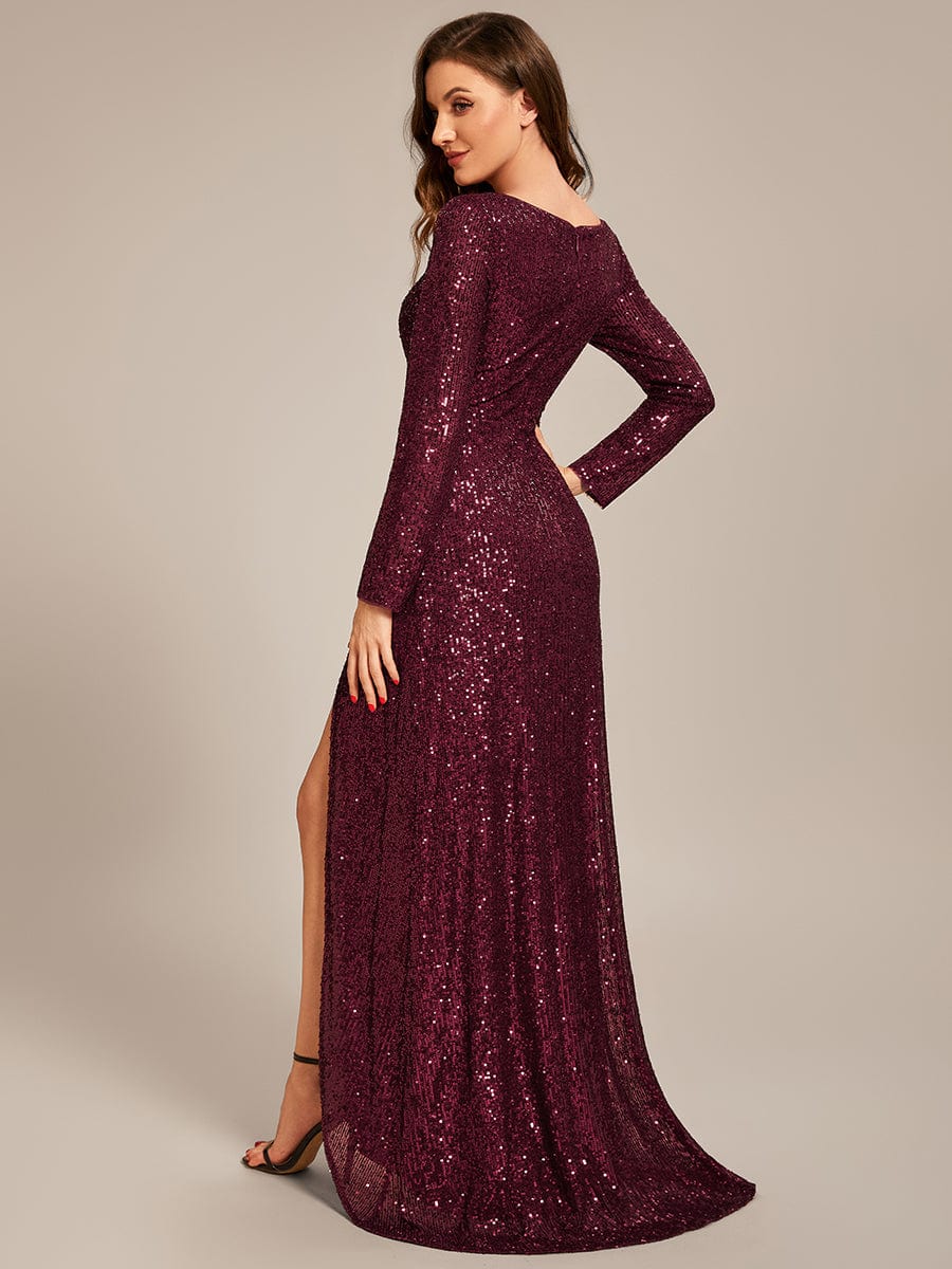 Weitese Sequin Long Sleeve V-neck Asymmetrical Hem Evening Dress