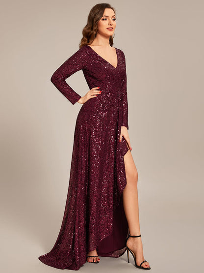 Weitese Sequin Long Sleeve V-neck Asymmetrical Hem Evening Dress