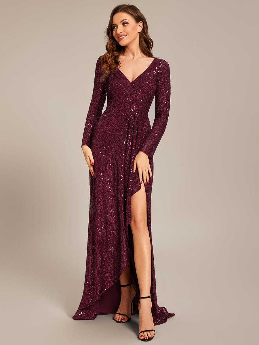 Weitese Sequin Long Sleeve V-neck Asymmetrical Hem Evening Dress