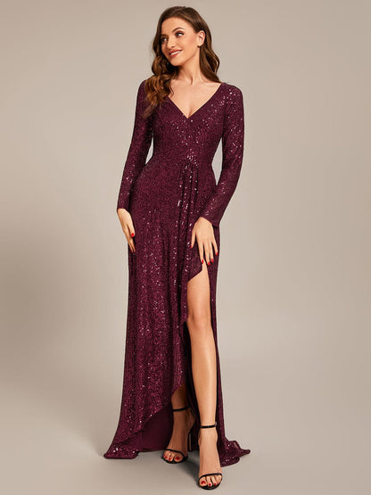 Weitese Sequin Long Sleeve V-neck Asymmetrical Hem Evening Dress