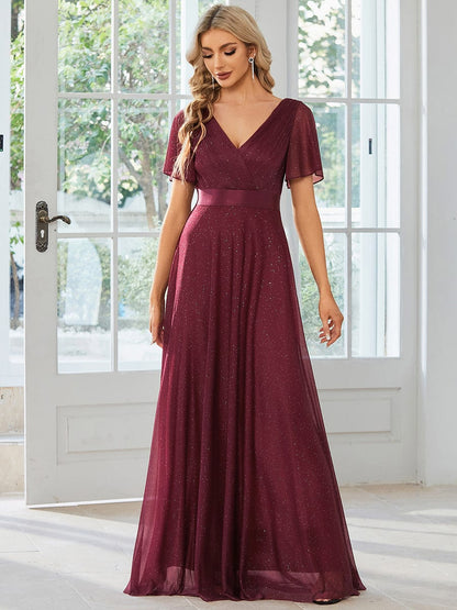 Weitese Sparkling Short Sleeve V-Neck Ribbon Waist A-Line Evening Dress