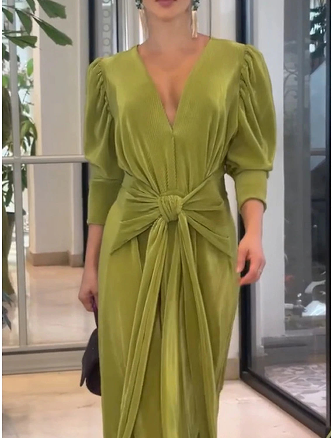 Weitese Women's Prom Dress Party Dress Wedding Guest Dress Long Dress Maxi Dress Green Long Sleeve Pure Color Knot Front Spring Fall Winter V Neck Party Winter Dress Evening Party Wedding Guest