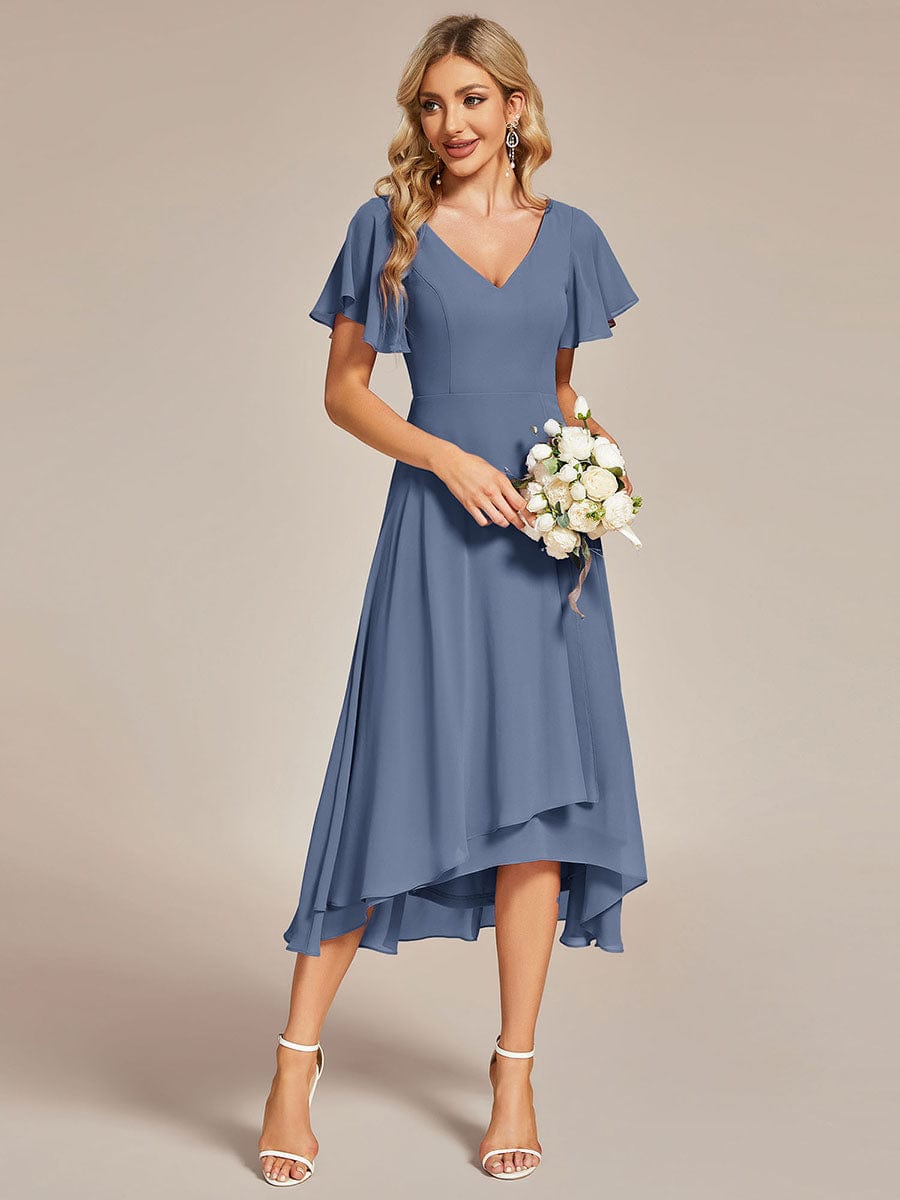 Weitese Flowing Chiffon V-Neck Ruffle Sleeves Bridesmaid Dress