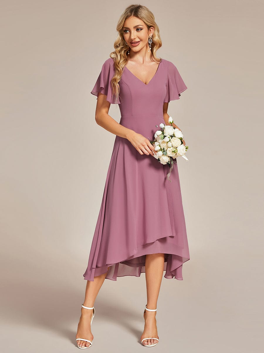 Weitese Flowing Chiffon V-Neck Ruffle Sleeves Bridesmaid Dress