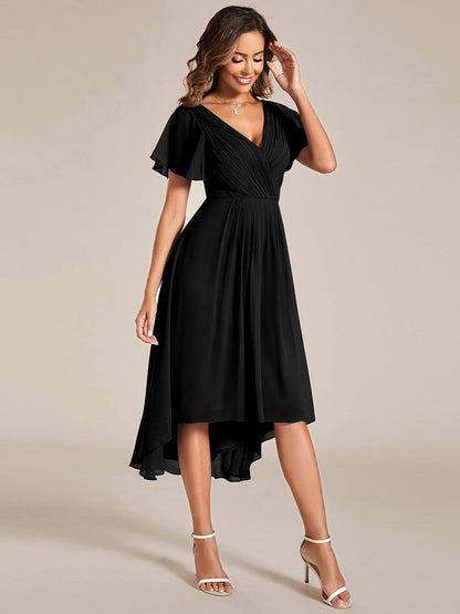 Weitese Chic V Neck Asymmetrical Hem Ruffles Sleeve Pleated Chiffon Wedding Guest Dress