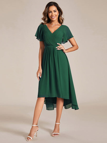 Weitese Chic V Neck Asymmetrical Hem Ruffles Sleeve Pleated Chiffon Wedding Guest Dress