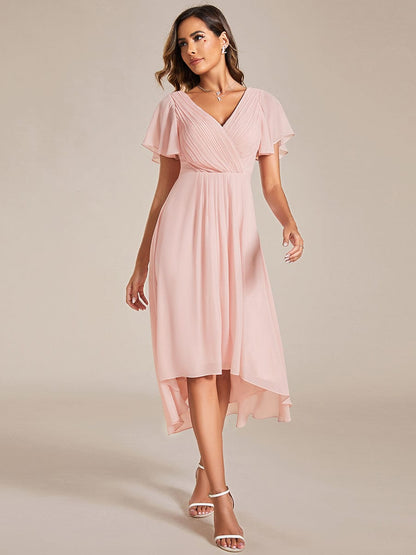 Weitese Chic V Neck Asymmetrical Hem Ruffles Sleeve Pleated Chiffon Wedding Guest Dress