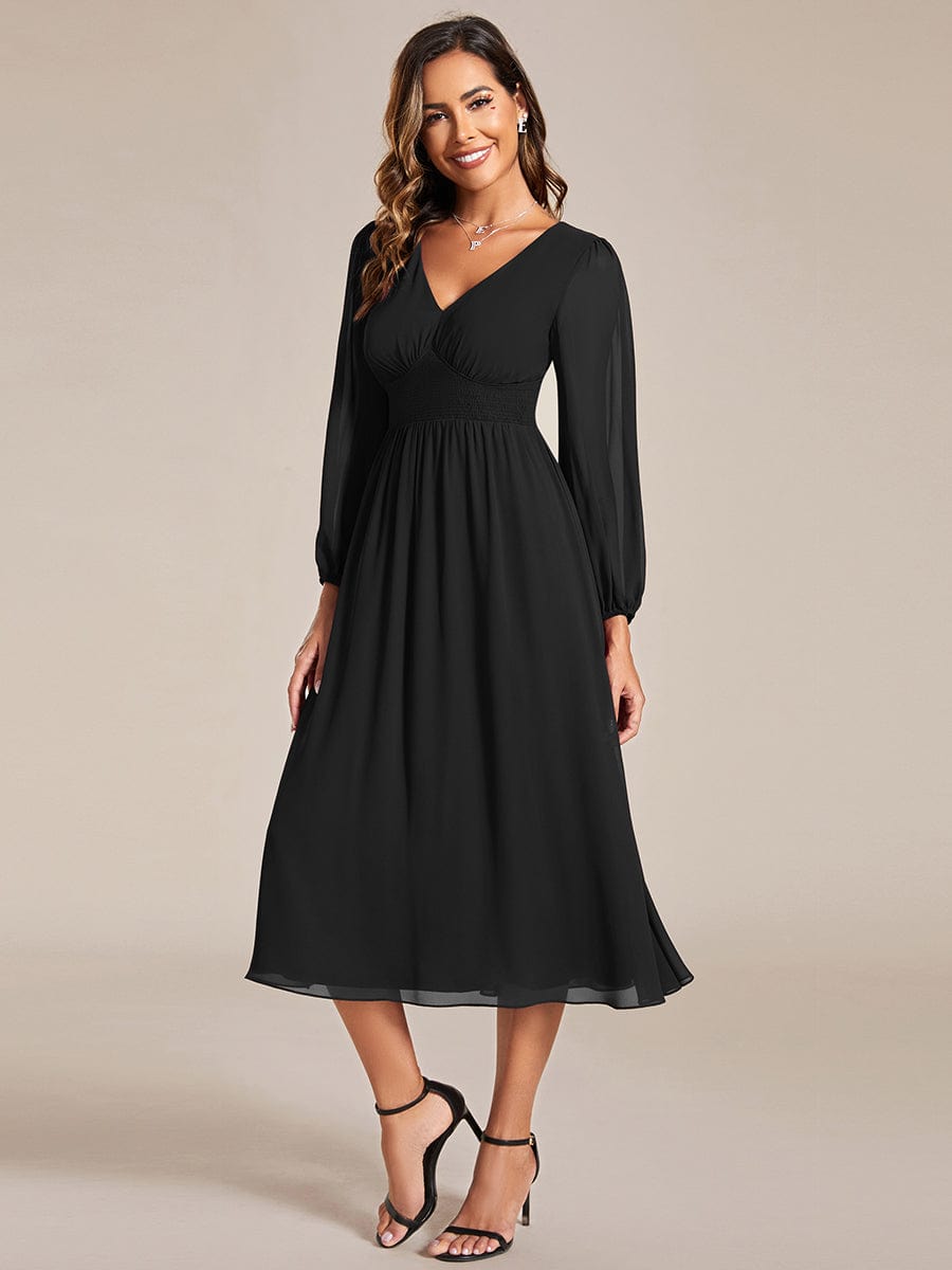 Weitese Chiffon V-Neck Long Sleeves Elastic Band Midi Wedding Guest Dress