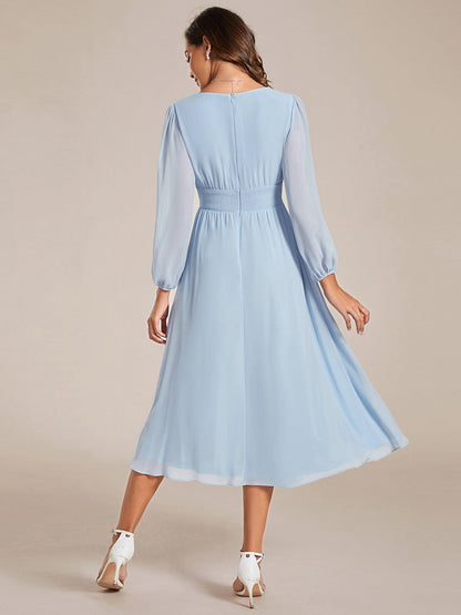 Weitese Chiffon V-Neck Long Sleeves Elastic Band Midi Wedding Guest Dress