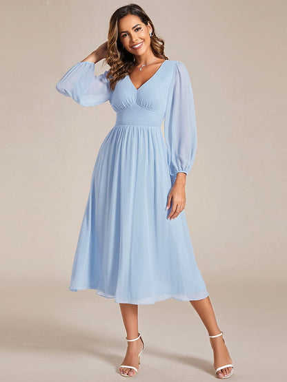 Weitese Chiffon V-Neck Long Sleeves Elastic Band Midi Wedding Guest Dress