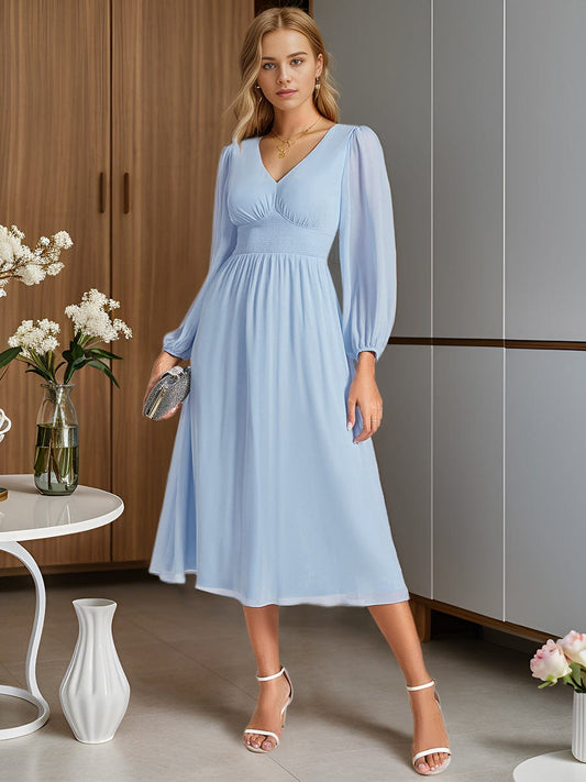 Weitese Chiffon V-Neck Long Sleeves Elastic Band Midi Wedding Guest Dress