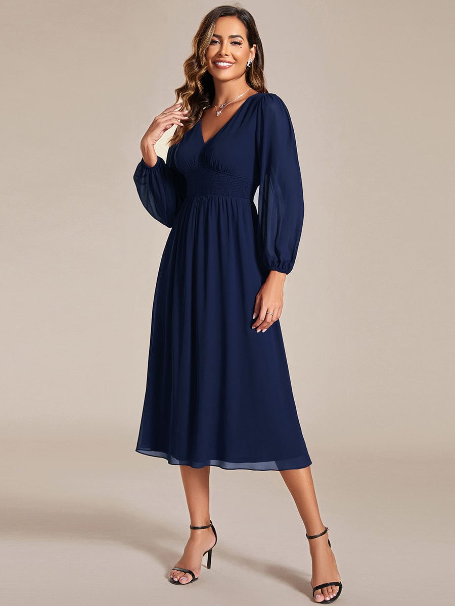 Weitese Chiffon V-Neck Long Sleeves Elastic Band Midi Wedding Guest Dress