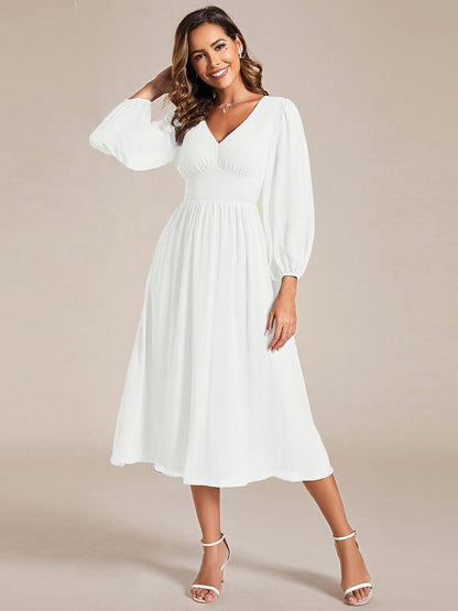 Weitese Chiffon V-Neck Long Sleeves Elastic Band Midi Wedding Guest Dress