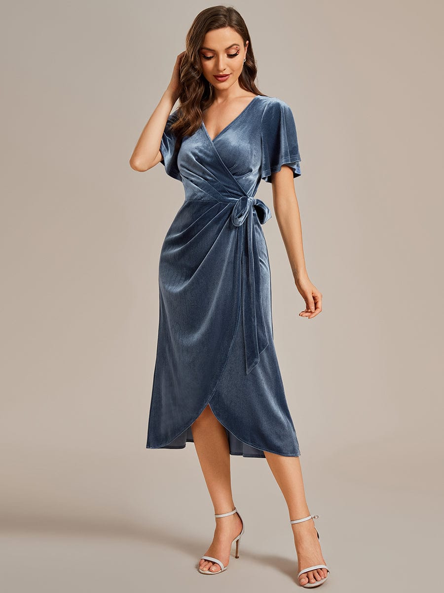 Weitese One-Piece Type Short Sleeves V-Neck Velvet Midi Wedding Guest Dress