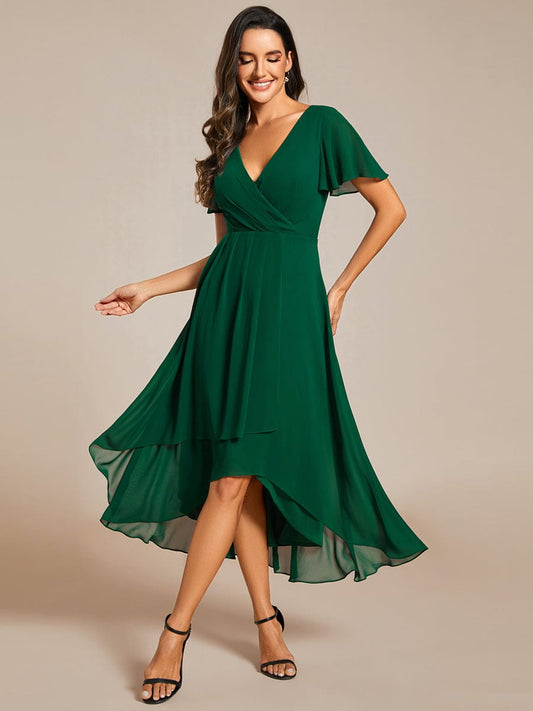 Weitese Ruffles Sleeve Pleated V-Neck A-Line Midi Chiffon Wedding Guest Dress