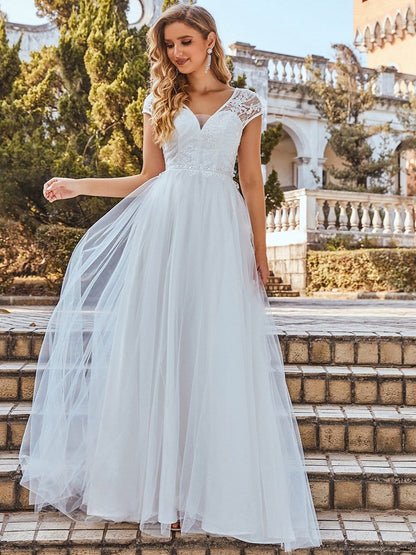 Weitese Elegant Cap Sleeves Casual Applique Outdoor Wedding Dress