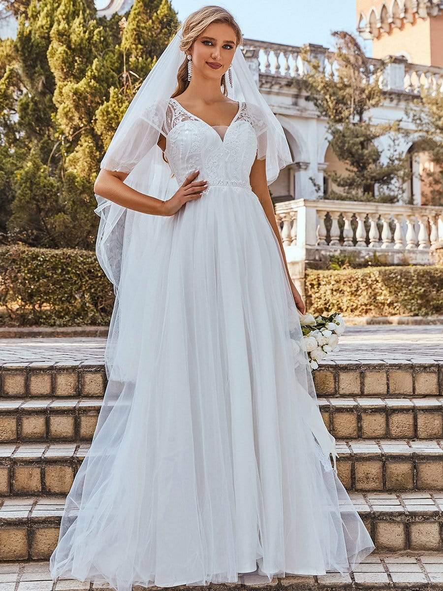 Weitese Elegant Cap Sleeves Casual Applique Outdoor Wedding Dress