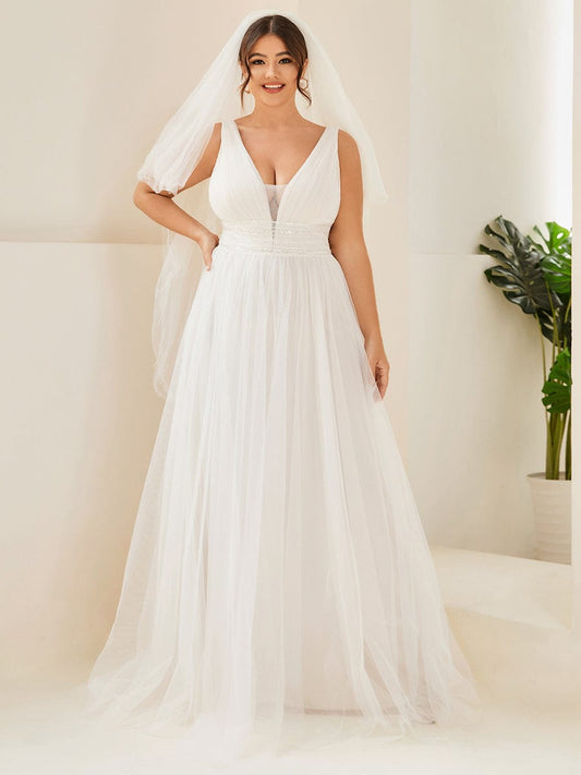 Weitese Plus Size Empire Waist Sleeveless Lace Sheer A-Line Wedding Dress