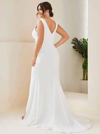 Weitese Plus Size Deep V-Neck Sleeveless High Slid Simple Wedding Dress