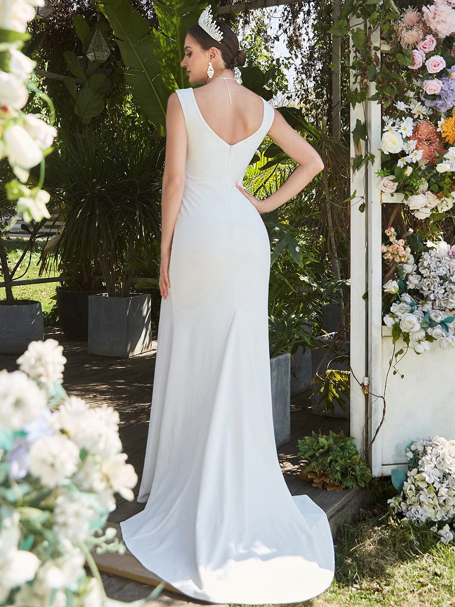 Weitese Ruched Bodycon Deep V-Neck Sleeveless Simple Wedding Dress