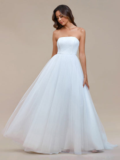 Weitese Romantic Back-laced Adjustable Strapless A-Line Tulle Wedding Dress