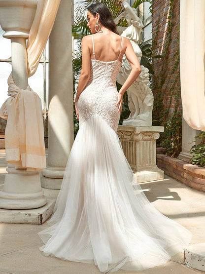 Weitese Spaghetti Strap Lace Backless Long Fishtail Wedding Dress