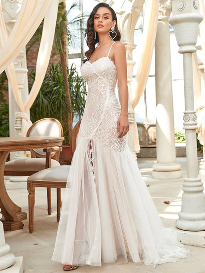 Weitese Spaghetti Strap Lace Backless Long Fishtail Wedding Dress