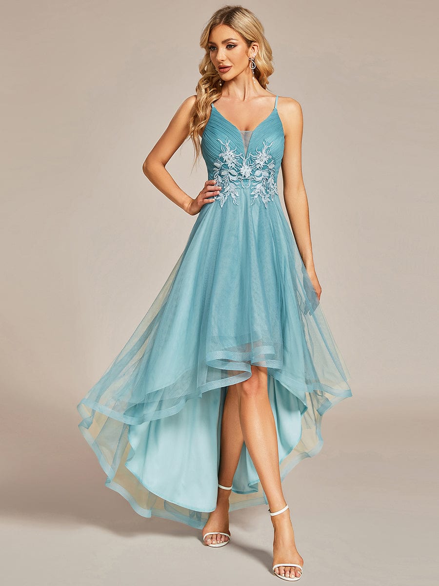 Weitese Stylish Floral Embroidered Waist High-Low Prom Dress